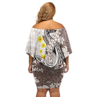 Brown and White Hawaii Shark Tattoo Off Shoulder Short Dress Puakenikeni Lei Plumeria Polynesian Pattern - Polynesian Pride