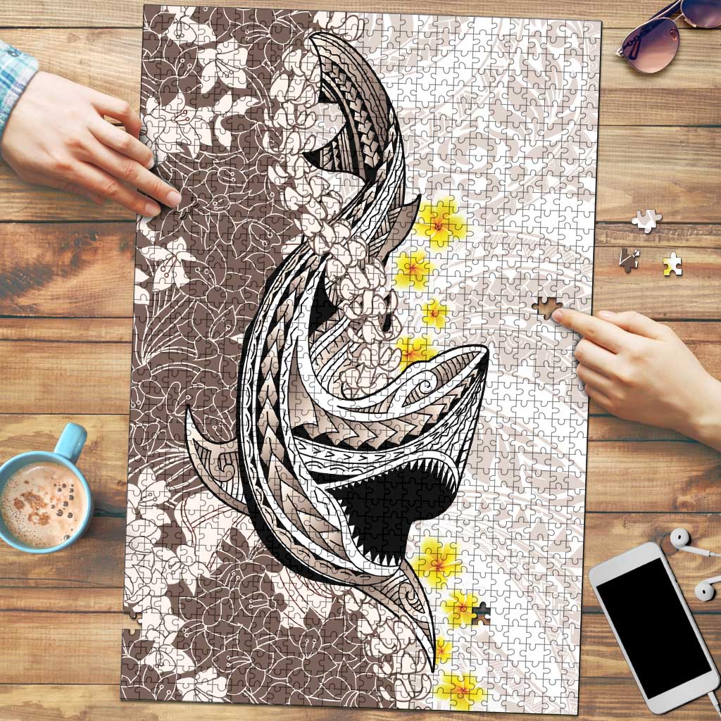 Brown and White Hawaii Shark Tattoo Puzzle Puakenikeni Lei Plumeria Polynesian Pattern LT14 White - Polynesian Pride