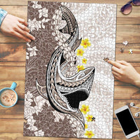 Brown and White Hawaii Shark Tattoo Puzzle Puakenikeni Lei Plumeria Polynesian Pattern LT14 White - Polynesian Pride