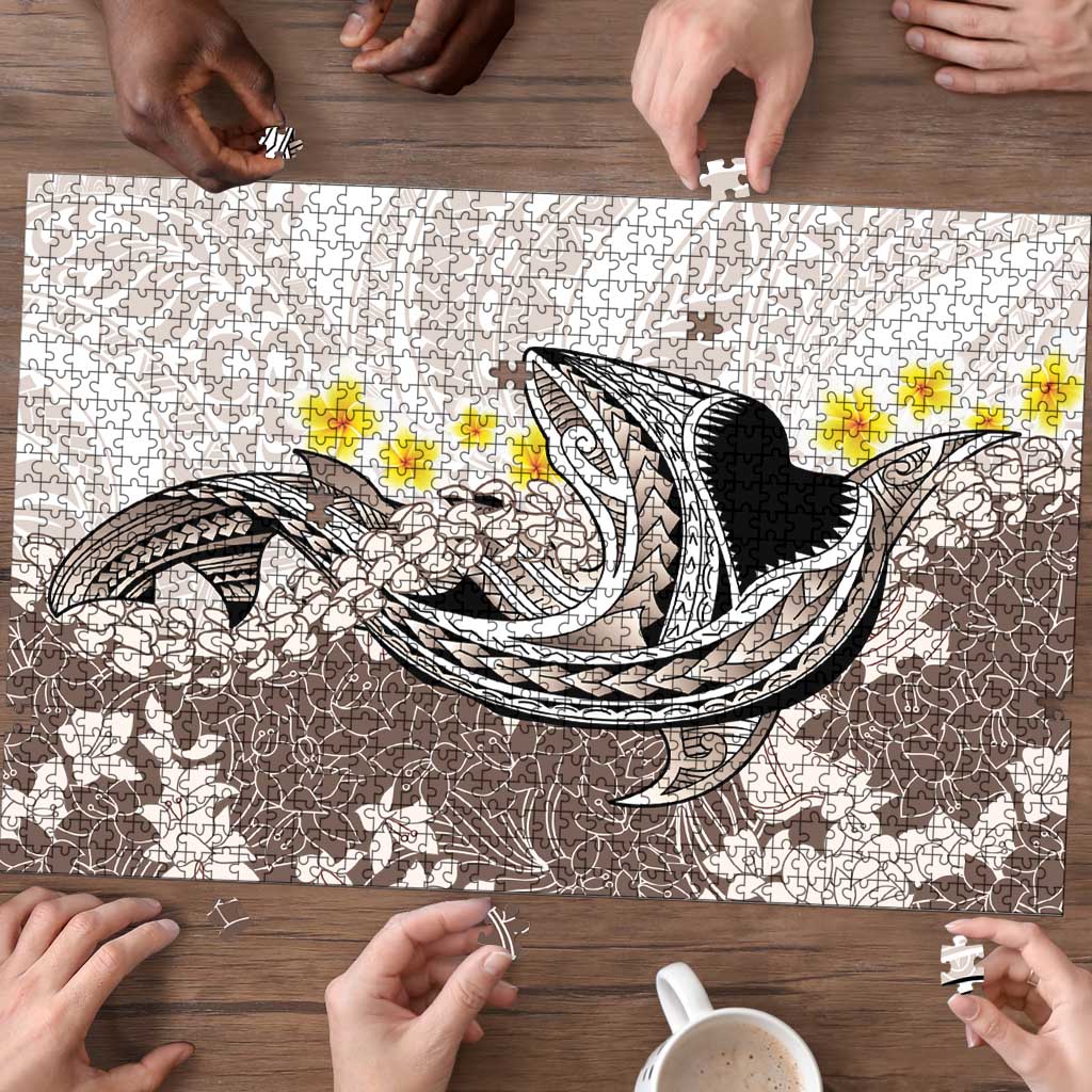 Brown and White Hawaii Shark Tattoo Puzzle Puakenikeni Lei Plumeria Polynesian Pattern LT14 - Polynesian Pride