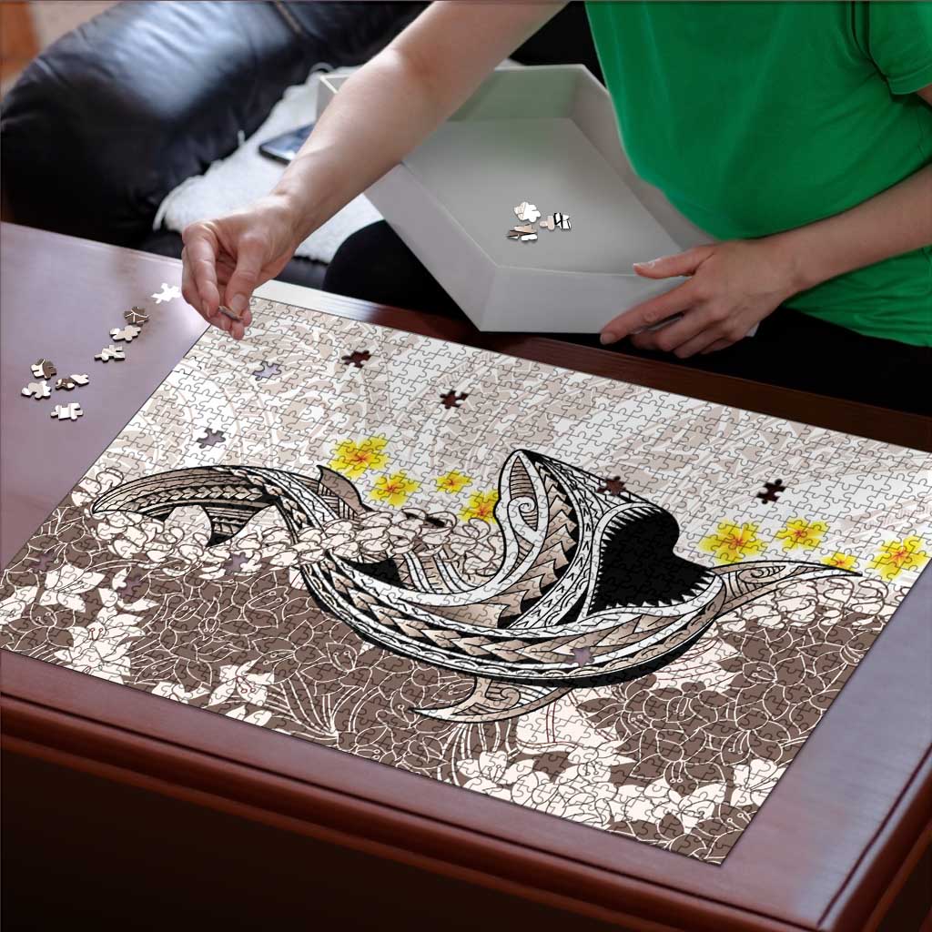 Brown and White Hawaii Shark Tattoo Puzzle Puakenikeni Lei Plumeria Polynesian Pattern LT14 - Polynesian Pride