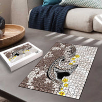 Brown and White Hawaii Shark Tattoo Puzzle Puakenikeni Lei Plumeria Polynesian Pattern LT14 - Polynesian Pride