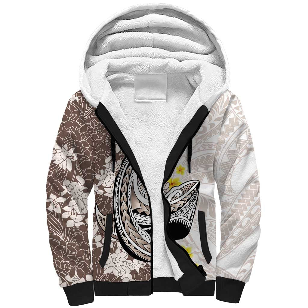 Brown and White Hawaii Shark Tattoo Sherpa Hoodie Puakenikeni Lei Plumeria Polynesian Pattern - Polynesian Pride