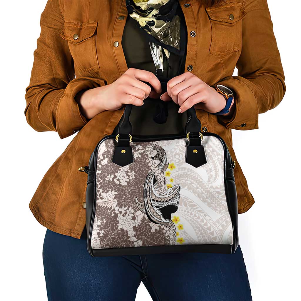 Brown and White Hawaii Shark Tattoo Shoulder Handbag Puakenikeni Lei Plumeria Polynesian Pattern - Polynesian Pride