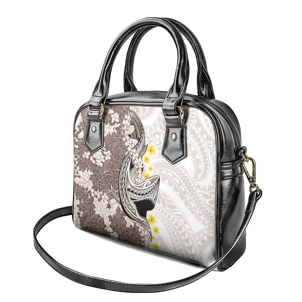 Brown and White Hawaii Shark Tattoo Shoulder Handbag Puakenikeni Lei Plumeria Polynesian Pattern - Polynesian Pride