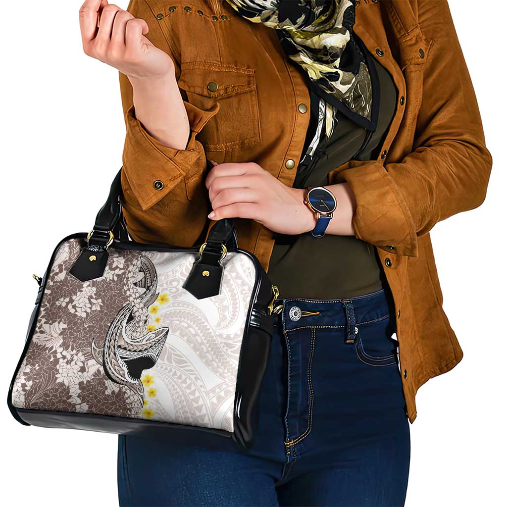 Brown and White Hawaii Shark Tattoo Shoulder Handbag Puakenikeni Lei Plumeria Polynesian Pattern - Polynesian Pride