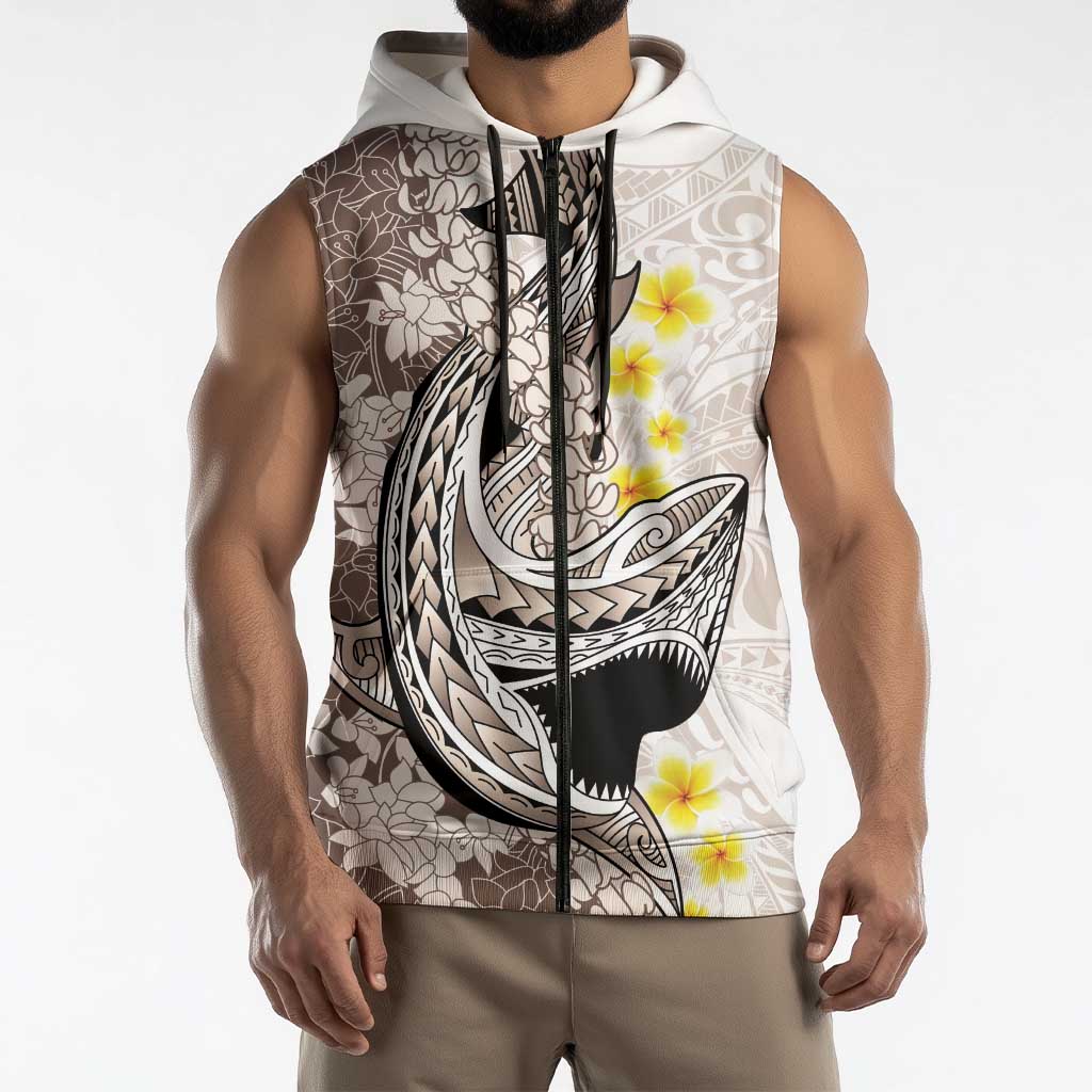 Brown and White Hawaii Shark Tattoo Sleeveless Zip Hoodie Puakenikeni Lei Plumeria Polynesian Pattern - Polynesian Pride