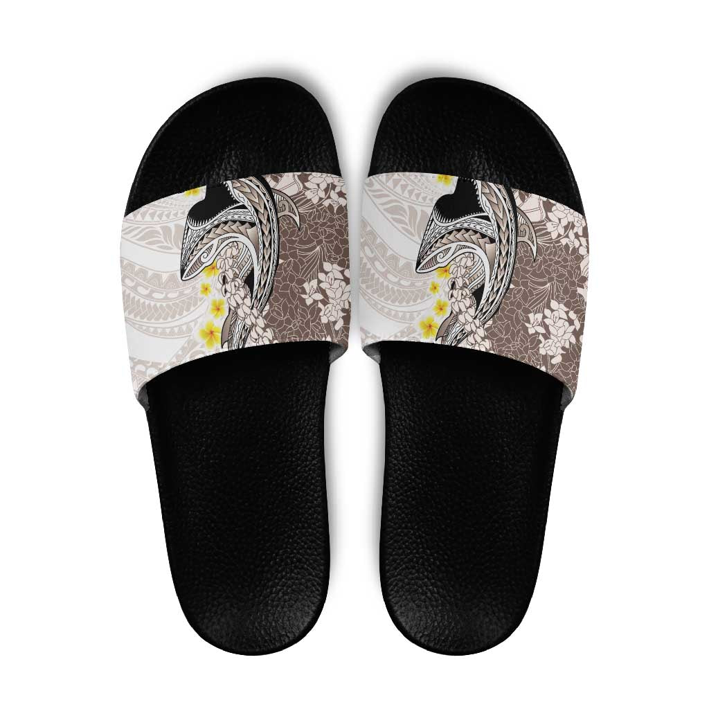 Brown and White Hawaii Shark Tattoo Slide Sandals Puakenikeni Lei Plumeria Polynesian Pattern - Polynesian Pride