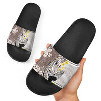 Brown and White Hawaii Shark Tattoo Slide Sandals Puakenikeni Lei Plumeria Polynesian Pattern - Polynesian Pride