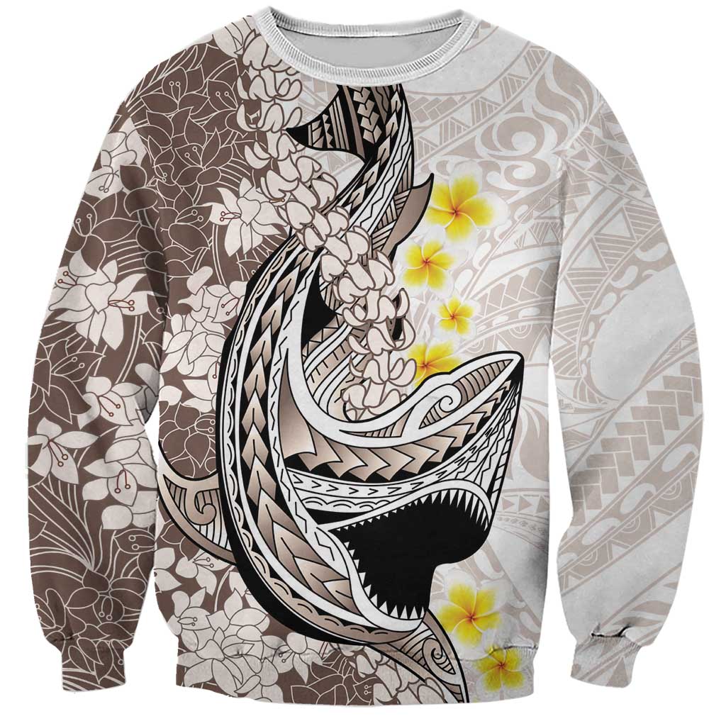 Brown and White Hawaii Shark Tattoo Sweatshirt Puakenikeni Lei Plumeria Polynesian Pattern - Polynesian Pride