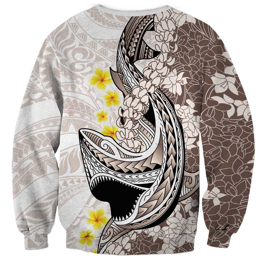 Brown and White Hawaii Shark Tattoo Sweatshirt Puakenikeni Lei Plumeria Polynesian Pattern - Polynesian Pride