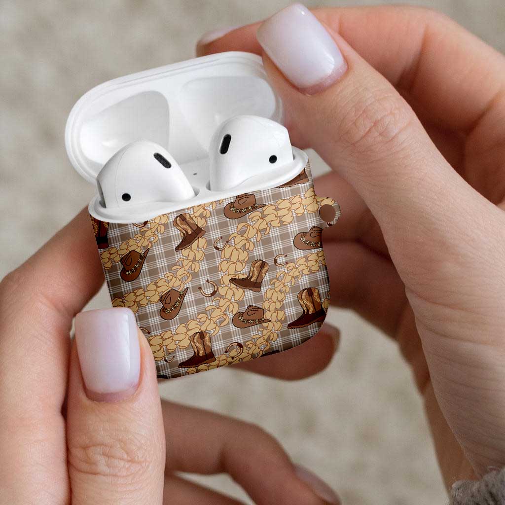 Khaki Palaka Hawaii Cowboy AirPods Case Puakenikeni Lei Paniolo Papale Seamless Vibes - Polynesian Pride