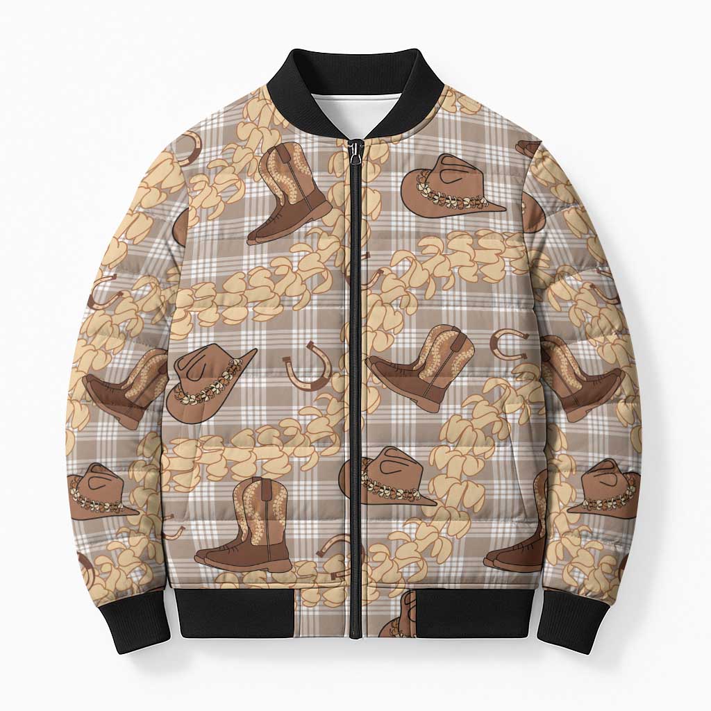 Khaki Palaka Hawaii Cowboy Bomber Puffer Jacket Puakenikeni Lei Paniolo Papale Seamless Vibes - Polynesian Pride