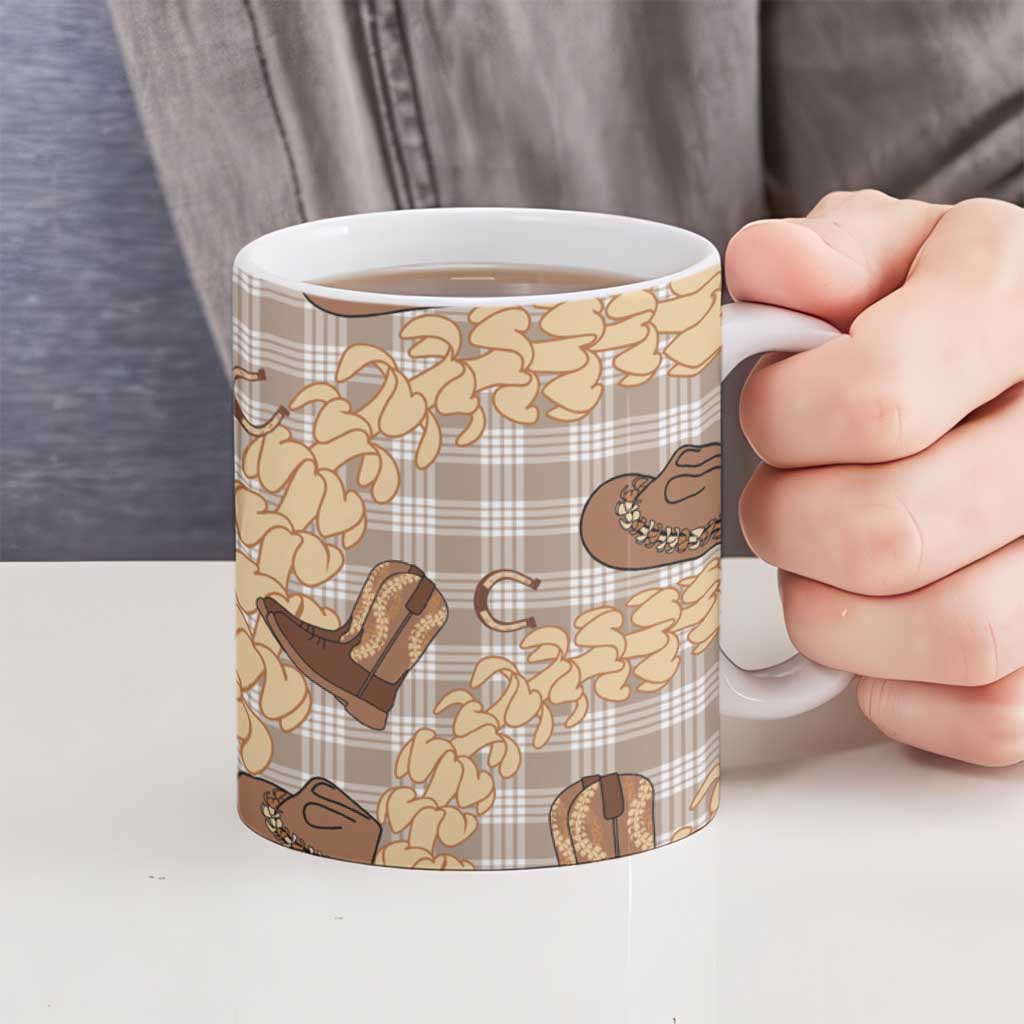 Khaki Palaka Hawaii Cowboy Ceramic Mug Puakenikeni Lei Paniolo Papale Seamless Vibes - Polynesian Pride