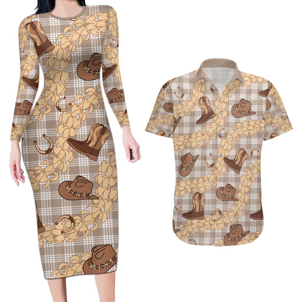 Khaki Palaka Hawaii Cowboy Couples Matching Long Sleeve Bodycon Dress and Hawaiian Shirt Puakenikeni Lei Paniolo Papale Seamless Vibes LT14 Khaki - Polynesian Pride