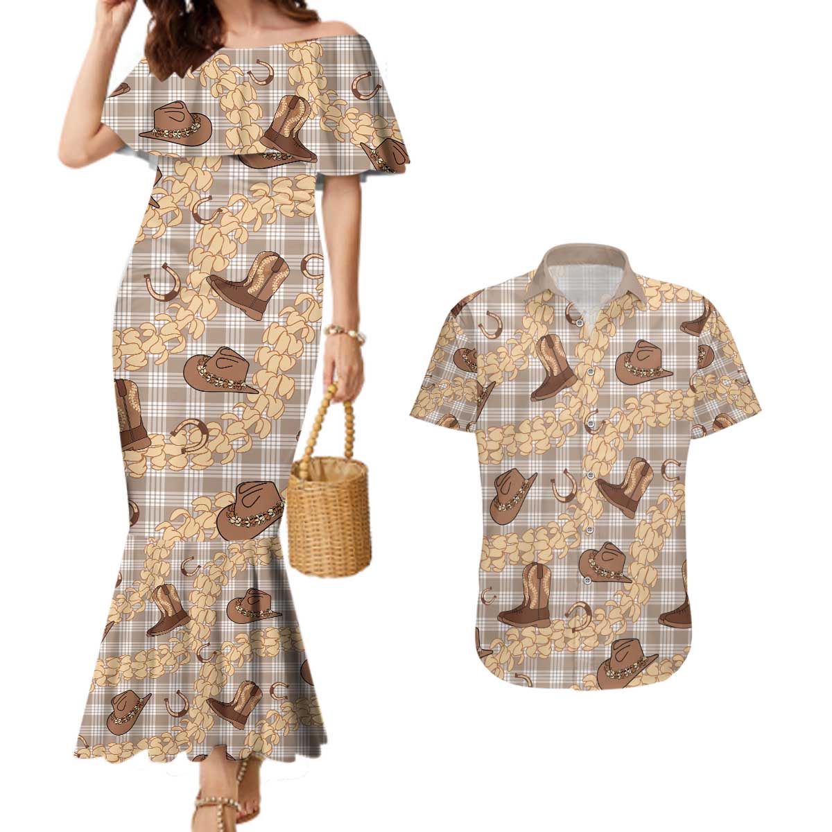 Khaki Palaka Hawaii Cowboy Couples Matching Mermaid Dress and Hawaiian Shirt Puakenikeni Lei Paniolo Papale Seamless Vibes - Polynesian Pride
