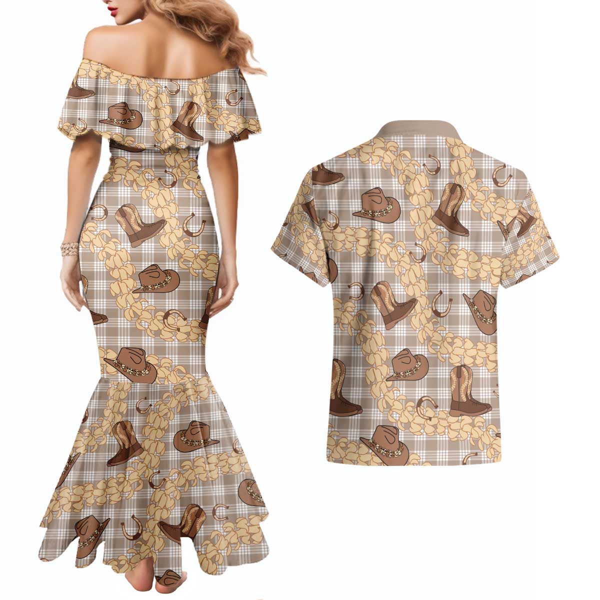 Khaki Palaka Hawaii Cowboy Couples Matching Mermaid Dress and Hawaiian Shirt Puakenikeni Lei Paniolo Papale Seamless Vibes LT14 - Polynesian Pride