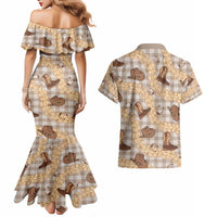 Khaki Palaka Hawaii Cowboy Couples Matching Mermaid Dress and Hawaiian Shirt Puakenikeni Lei Paniolo Papale Seamless Vibes LT14 - Polynesian Pride