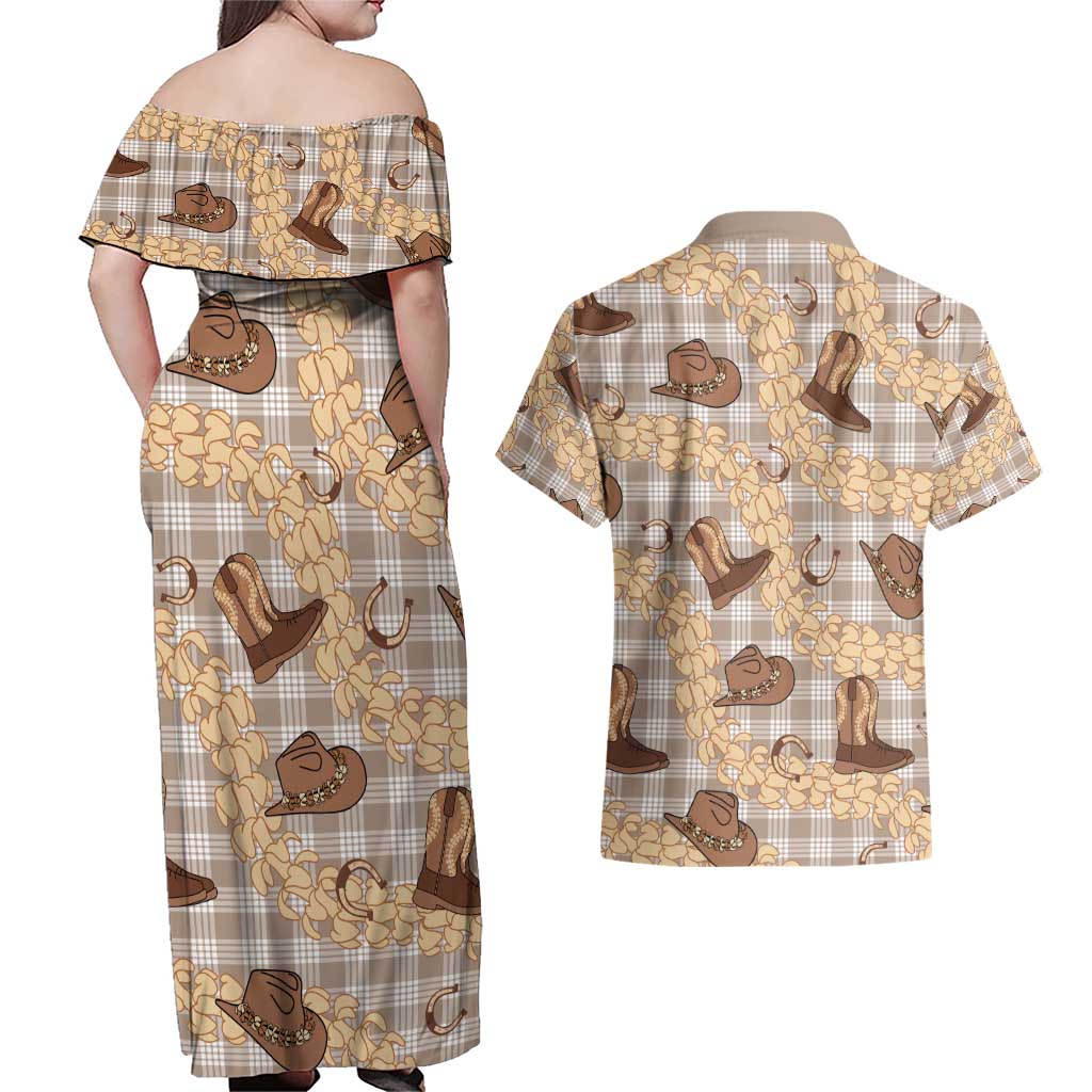 Khaki Palaka Hawaii Cowboy Couples Matching Off Shoulder Maxi Dress and Hawaiian Shirt Puakenikeni Lei Paniolo Papale Seamless Vibes LT14 - Polynesian Pride