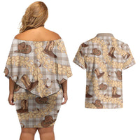 Khaki Palaka Hawaii Cowboy Couples Matching Off Shoulder Short Dress and Hawaiian Shirt Puakenikeni Lei Paniolo Papale Seamless Vibes LT14 - Polynesian Pride