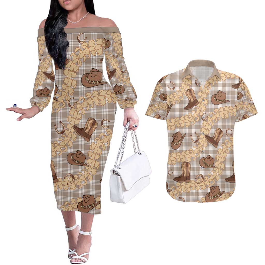 Khaki Palaka Hawaii Cowboy Couples Matching Off The Shoulder Long Sleeve Dress and Hawaiian Shirt Puakenikeni Lei Paniolo Papale Seamless Vibes LT14 Khaki - Polynesian Pride