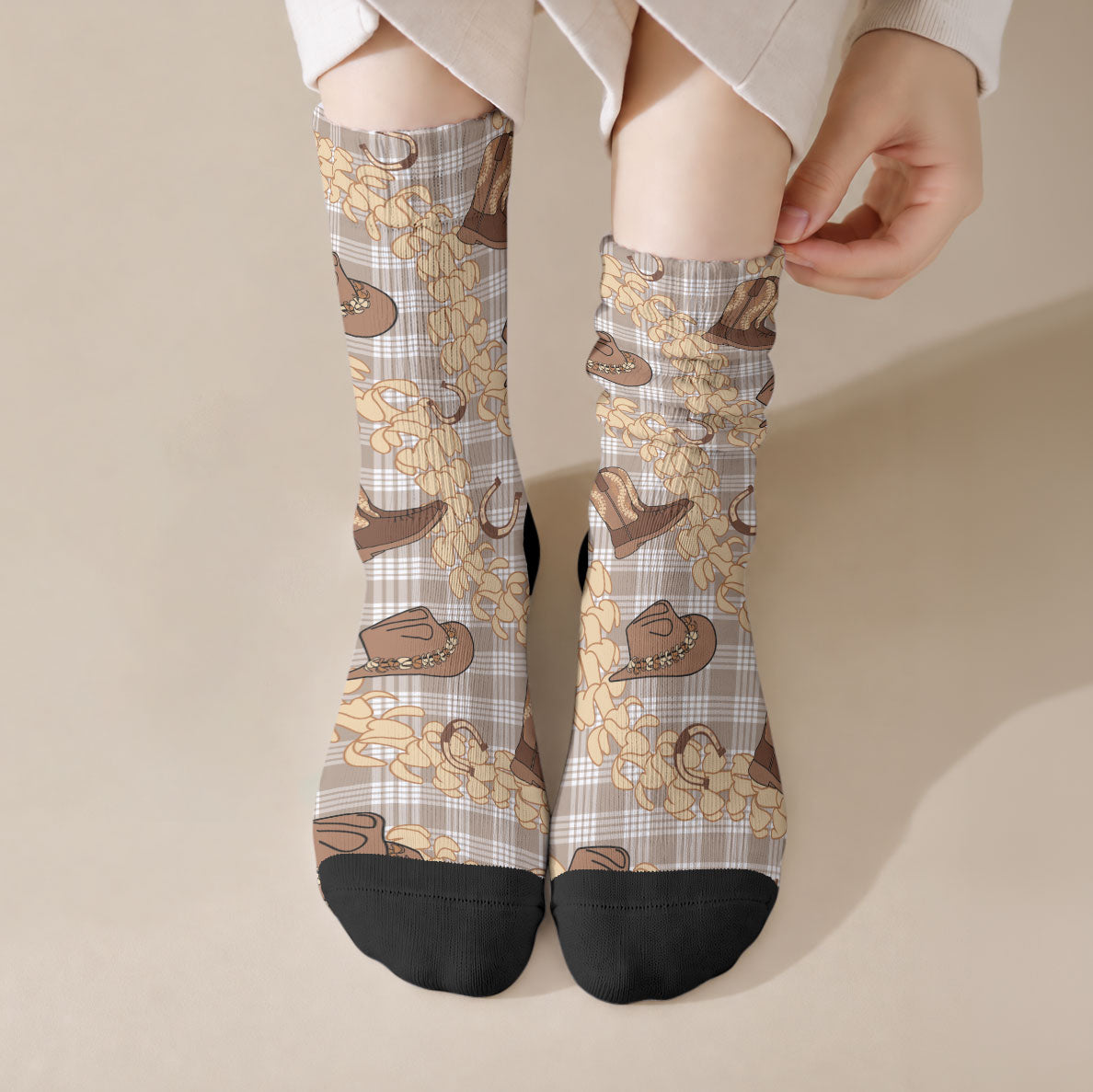 Khaki Palaka Hawaii Cowboy Crew Socks Puakenikeni Lei Paniolo Papale Seamless Vibes LT14 Crew Socks Khaki - Polynesian Pride
