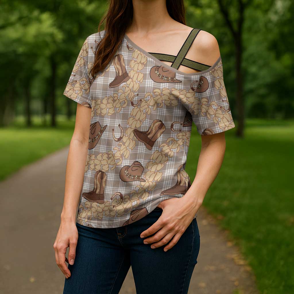 Khaki Palaka Hawaii Cowboy Cross Shoulder Shirt Puakenikeni Lei Paniolo Papale Seamless Vibes - Polynesian Pride