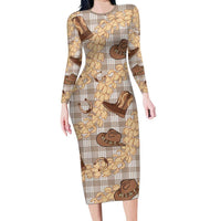 Khaki Palaka Hawaii Cowboy Family Matching Long Sleeve Bodycon Dress and Hawaiian Shirt Puakenikeni Lei Paniolo Papale Seamless Vibes LT14 Mom's Dress Khaki - Polynesian Pride