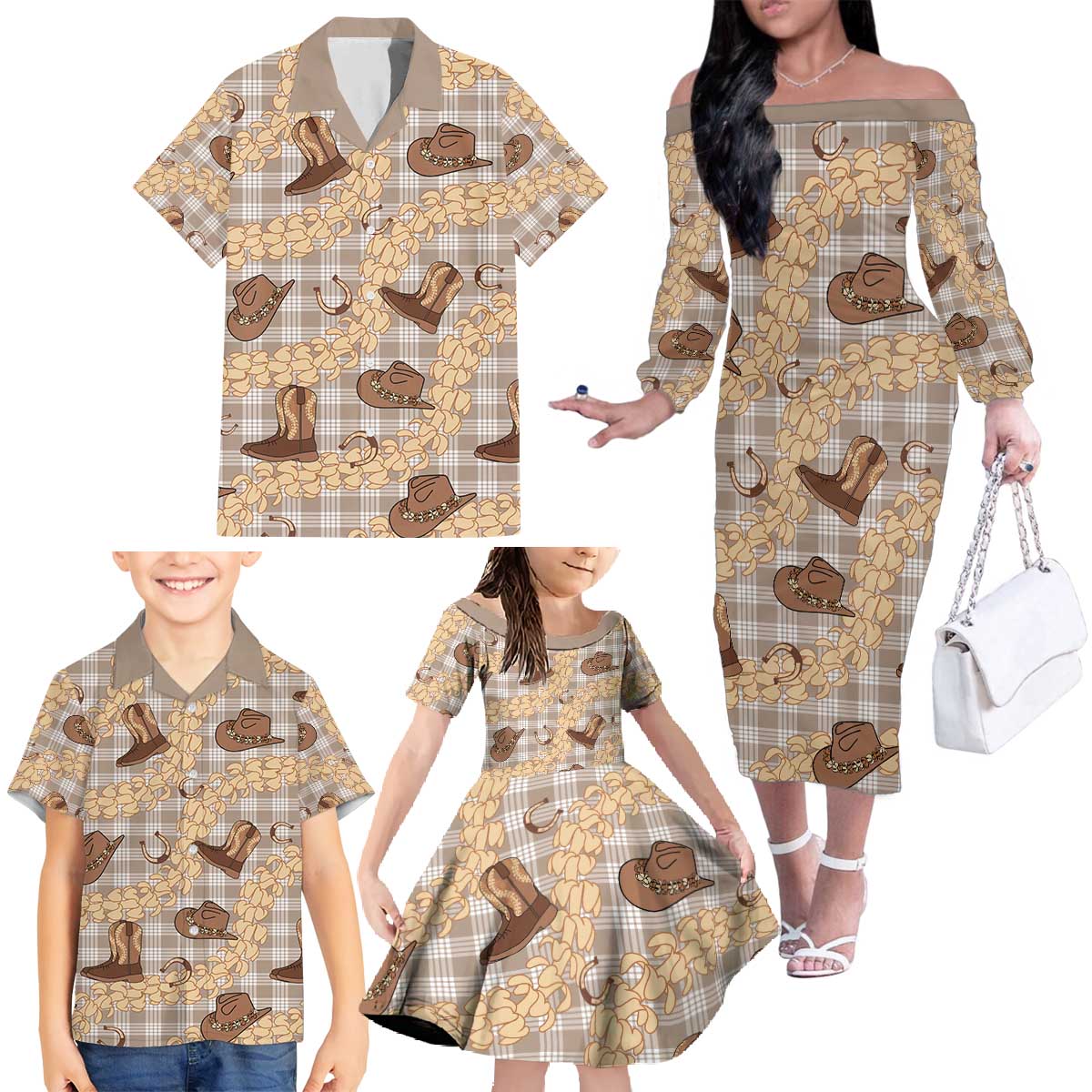 Khaki Palaka Hawaii Cowboy Family Matching Off The Shoulder Long Sleeve Dress and Hawaiian Shirt Puakenikeni Lei Paniolo Papale Seamless Vibes LT14 - Polynesian Pride