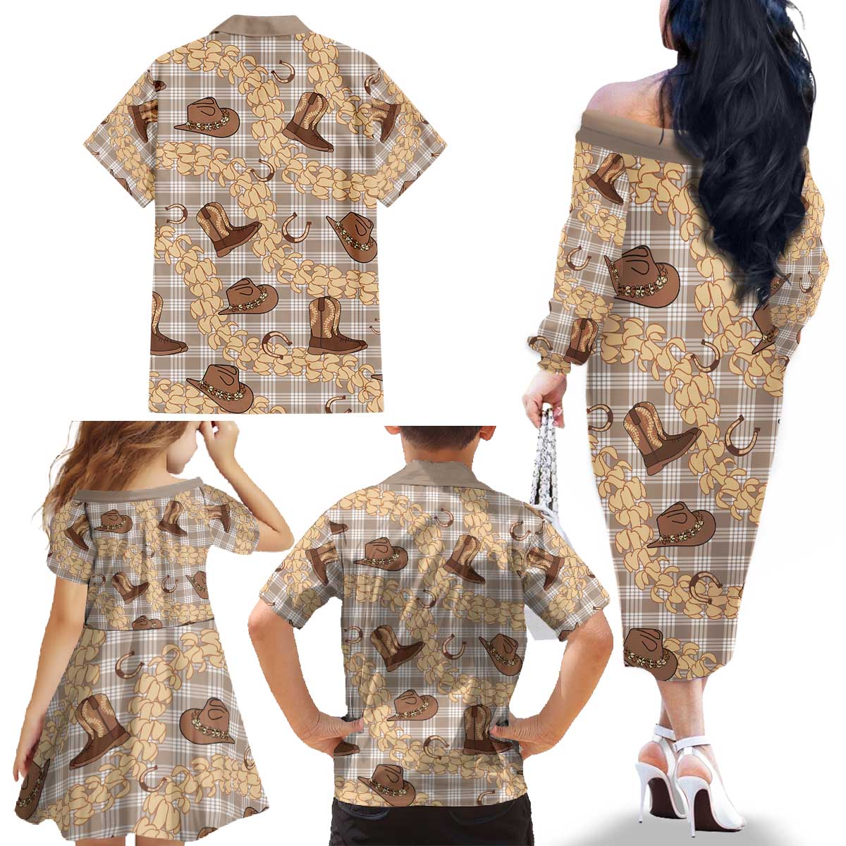 Khaki Palaka Hawaii Cowboy Family Matching Off The Shoulder Long Sleeve Dress and Hawaiian Shirt Puakenikeni Lei Paniolo Papale Seamless Vibes LT14 - Polynesian Pride