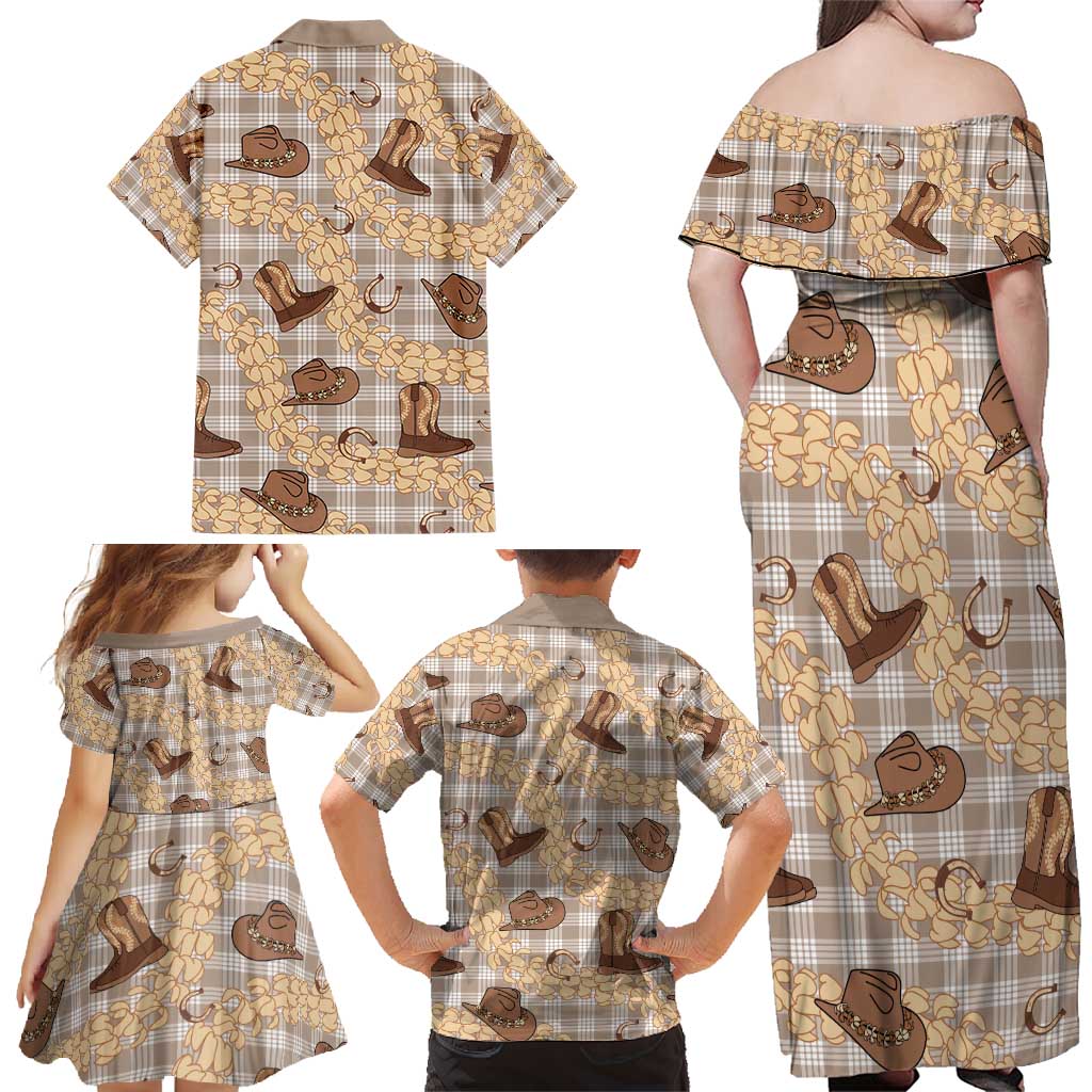 Khaki Palaka Hawaii Cowboy Family Matching Off Shoulder Maxi Dress and Hawaiian Shirt Puakenikeni Lei Paniolo Papale Seamless Vibes LT14 - Polynesian Pride