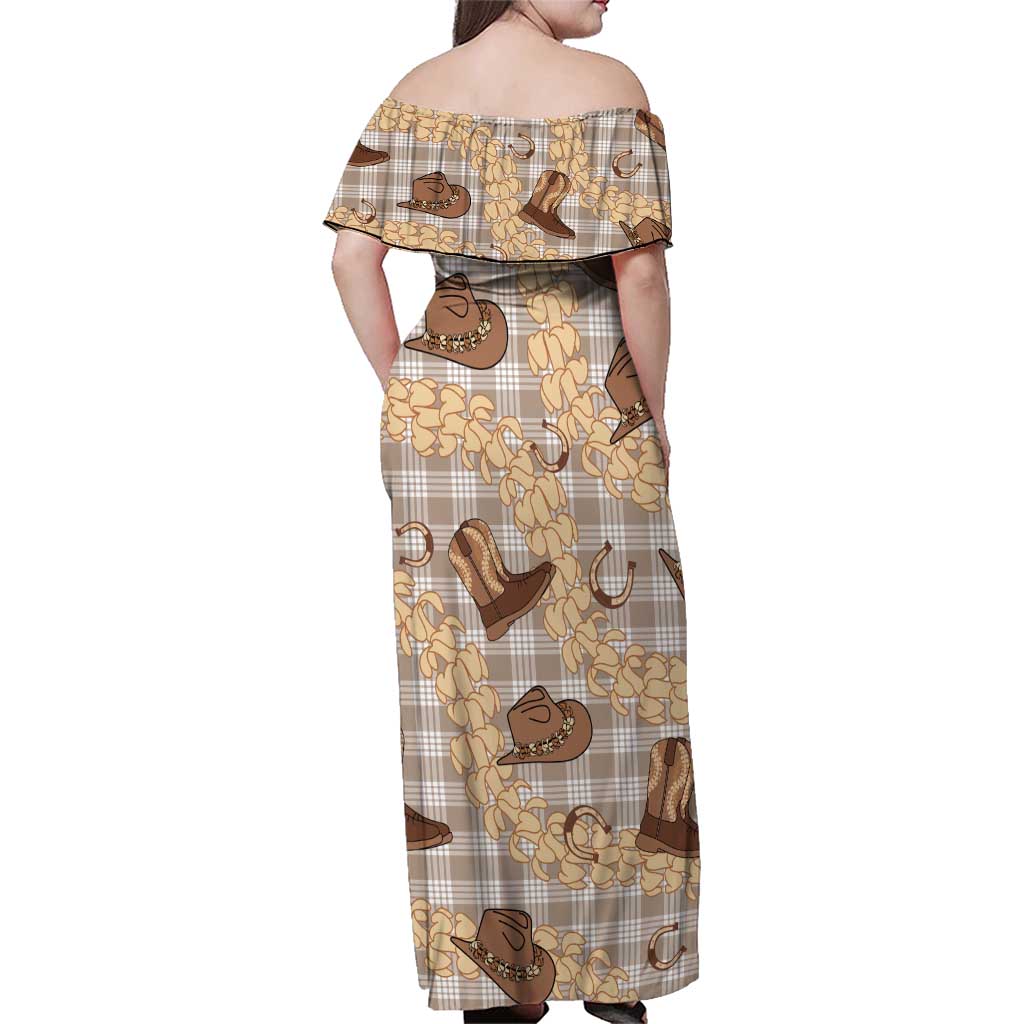 Khaki Palaka Hawaii Cowboy Family Matching Off Shoulder Maxi Dress and Hawaiian Shirt Puakenikeni Lei Paniolo Papale Seamless Vibes LT14 - Polynesian Pride