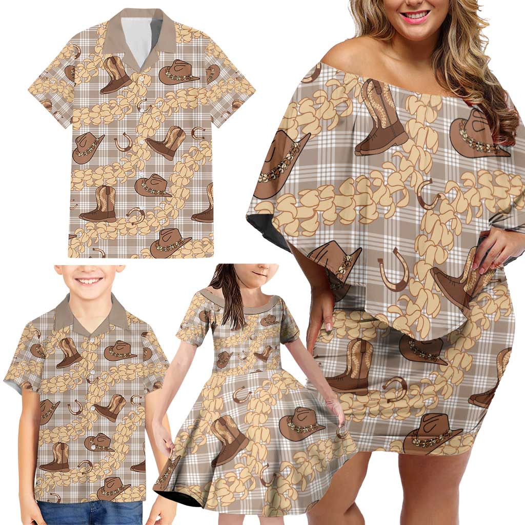 Khaki Palaka Hawaii Cowboy Family Matching Off Shoulder Short Dress and Hawaiian Shirt Puakenikeni Lei Paniolo Papale Seamless Vibes LT14 - Polynesian Pride