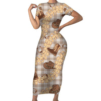 Khaki Palaka Hawaii Cowboy Family Matching Short Sleeve Bodycon Dress and Hawaiian Shirt Puakenikeni Lei Paniolo Papale Seamless Vibes LT14 Mom's Dress Khaki - Polynesian Pride