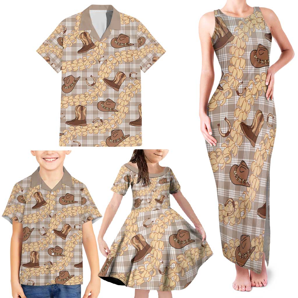 Khaki Palaka Hawaii Cowboy Family Matching Tank Maxi Dress and Hawaiian Shirt Puakenikeni Lei Paniolo Papale Seamless Vibes LT14 - Polynesian Pride