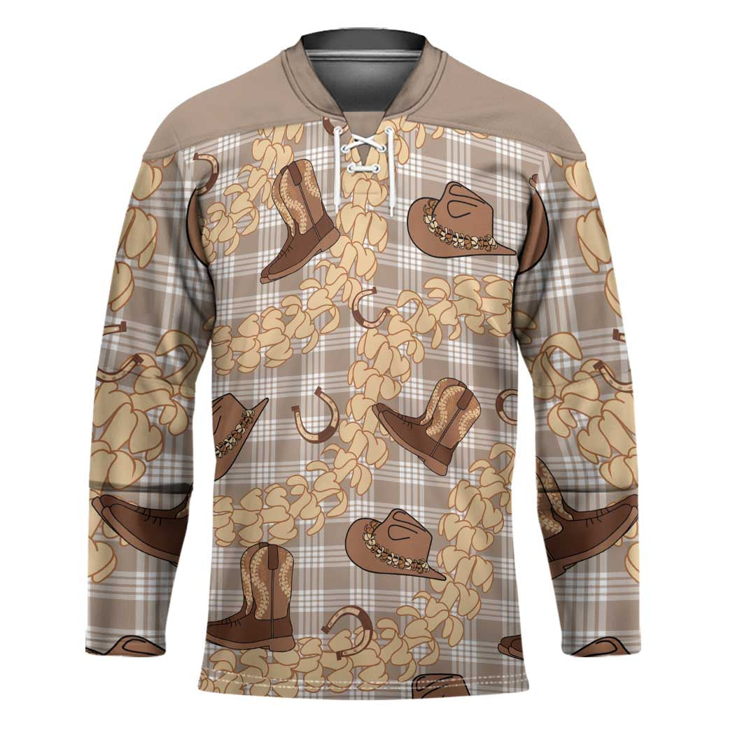 Khaki Palaka Hawaii Cowboy Hockey Jersey Puakenikeni Lei Paniolo Papale Seamless Vibes - Polynesian Pride