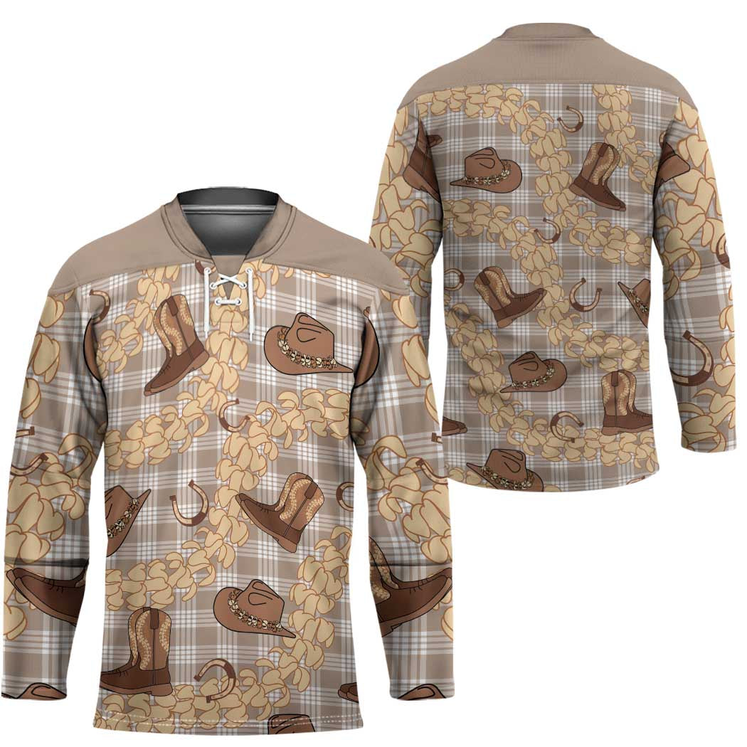 Khaki Palaka Hawaii Cowboy Hockey Jersey Puakenikeni Lei Paniolo Papale Seamless Vibes - Polynesian Pride