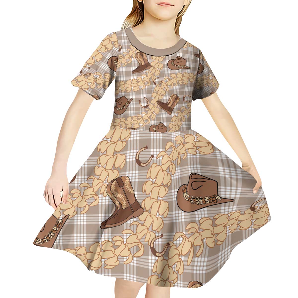 Khaki Palaka Hawaii Cowboy Kid Short Sleeve Dress Puakenikeni Lei Paniolo Papale Seamless Vibes LT14 - Polynesian Pride