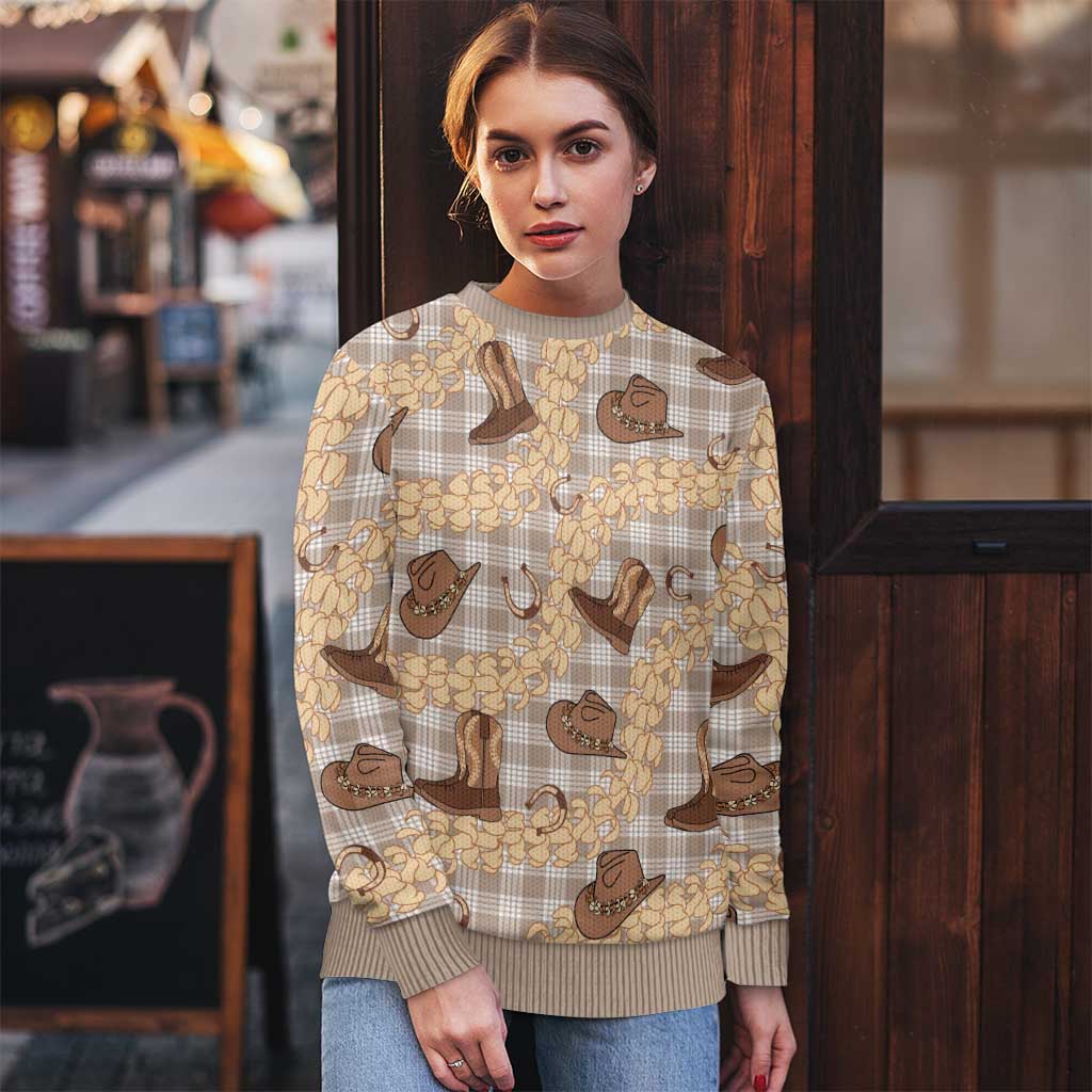 Khaki Palaka Hawaii Cowboy Ugly Christmas Sweater Puakenikeni Lei Paniolo Papale Seamless Vibes - Polynesian Pride
