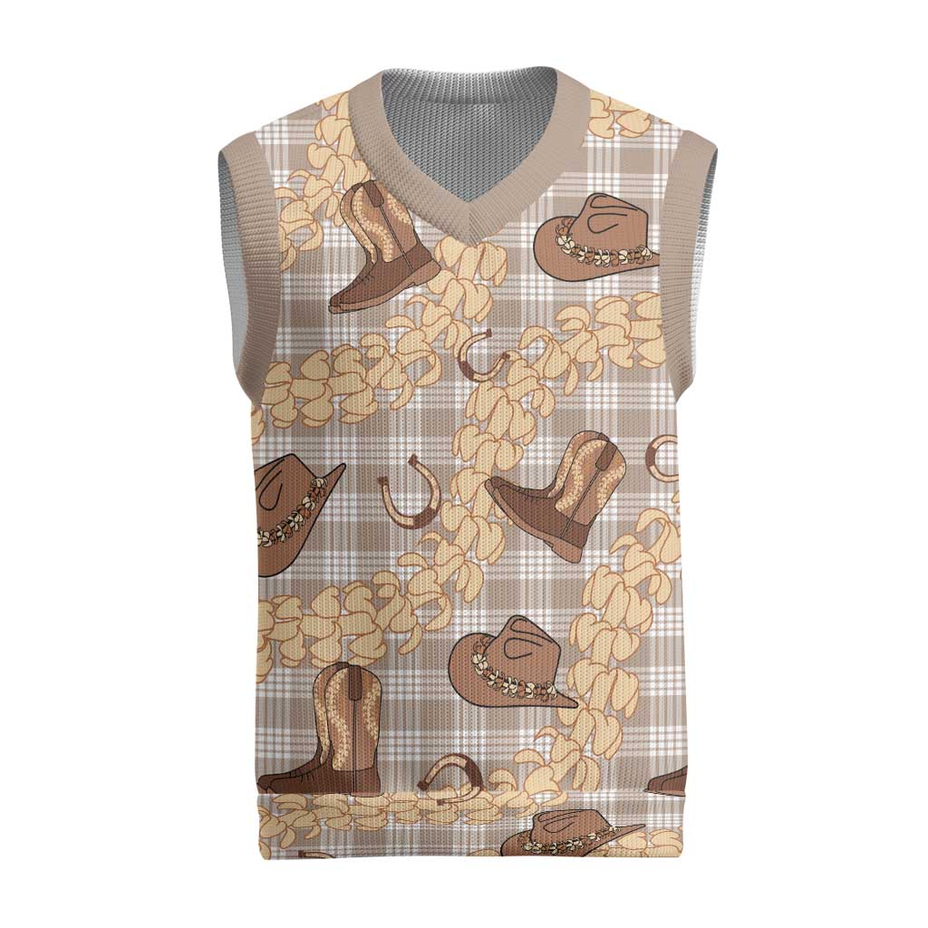 Khaki Palaka Hawaii Cowboy Christmas Knitted V-Neck Vest Puakenikeni Lei Paniolo Papale Seamless Vibes - Polynesian Pride