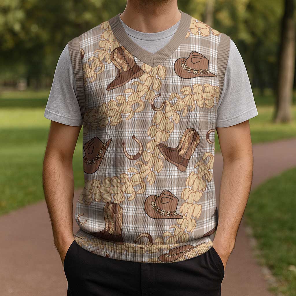 Khaki Palaka Hawaii Cowboy Christmas Knitted V-Neck Vest Puakenikeni Lei Paniolo Papale Seamless Vibes LT14 - Polynesian Pride