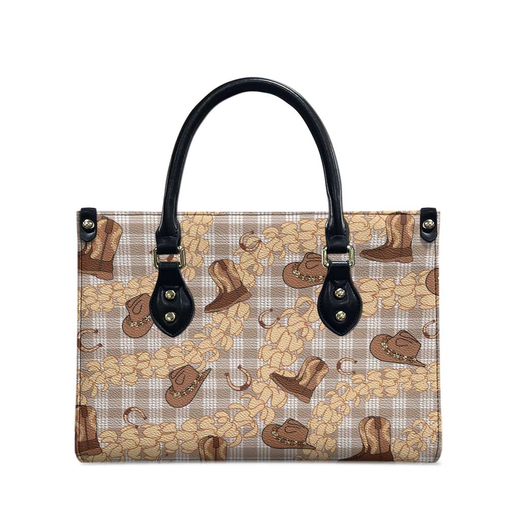 Khaki Palaka Hawaii Cowboy Leather Bag Puakenikeni Lei Paniolo Papale Seamless Vibes - Polynesian Pride