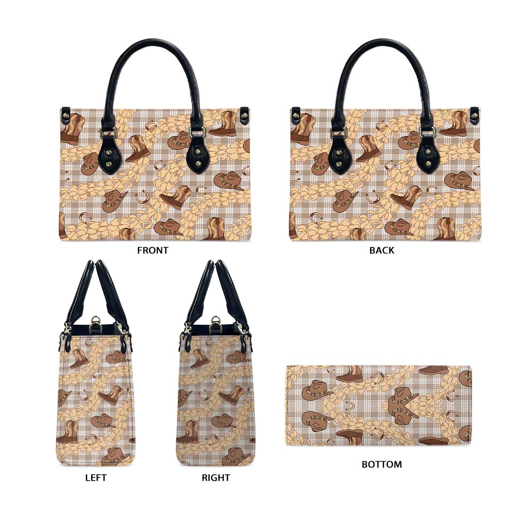 Khaki Palaka Hawaii Cowboy Leather Bag Puakenikeni Lei Paniolo Papale Seamless Vibes - Polynesian Pride