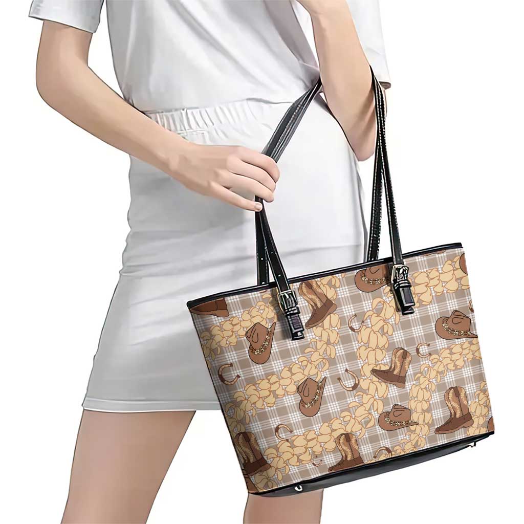 Khaki Palaka Hawaii Cowboy Leather Tote Bag Puakenikeni Lei Paniolo Papale Seamless Vibes - Polynesian Pride
