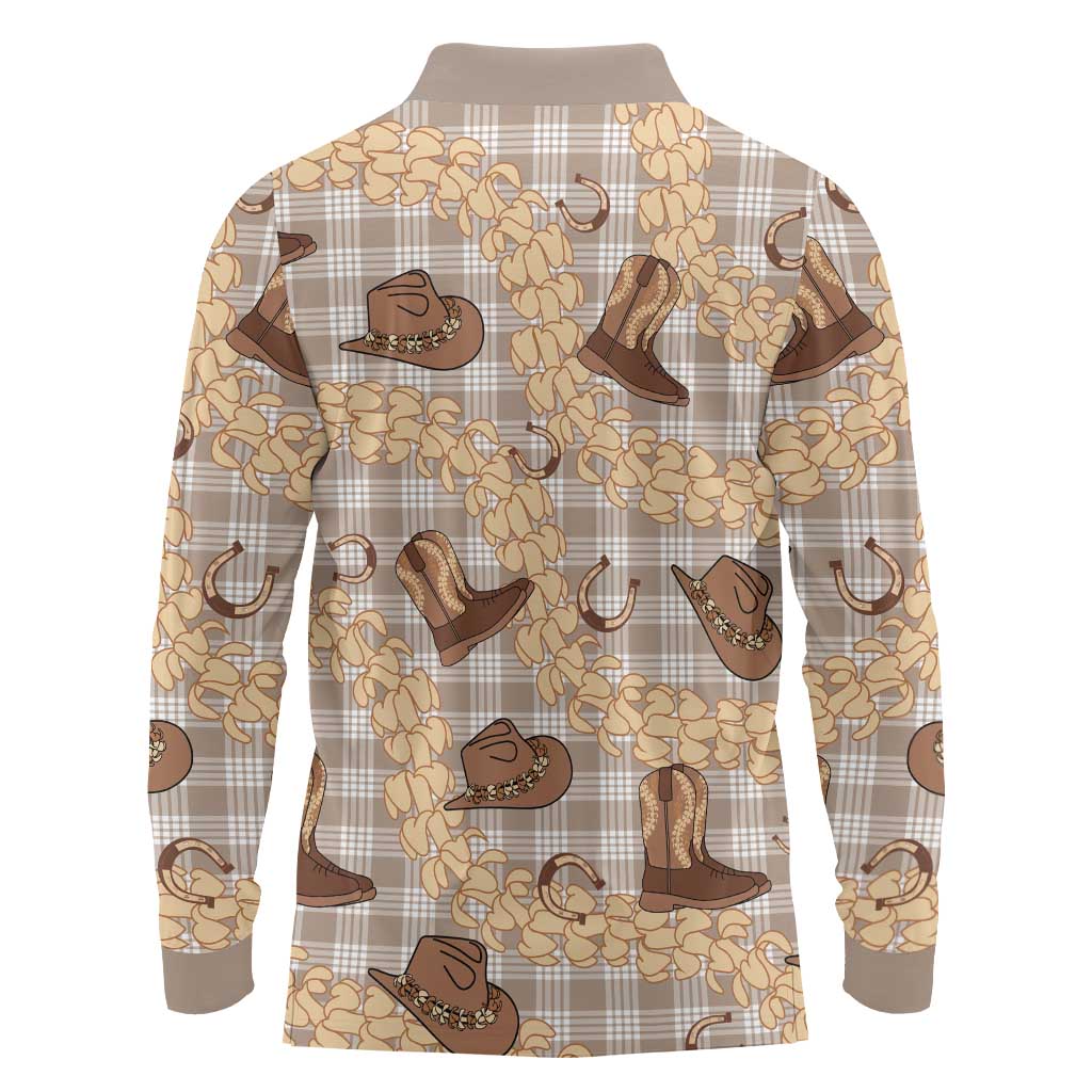 Khaki Palaka Hawaii Cowboy Long Sleeve Polo Shirt Puakenikeni Lei Paniolo Papale Seamless Vibes LT14 - Polynesian Pride