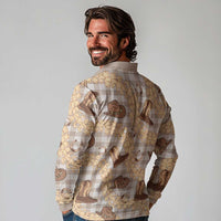 Khaki Palaka Hawaii Cowboy Long Sleeve Polo Shirt Puakenikeni Lei Paniolo Papale Seamless Vibes LT14 - Polynesian Pride
