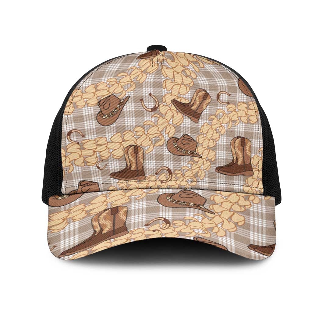 Khaki Palaka Hawaii Cowboy Mesh Trucker Cap Puakenikeni Lei Paniolo Papale Seamless Vibes - Polynesian Pride