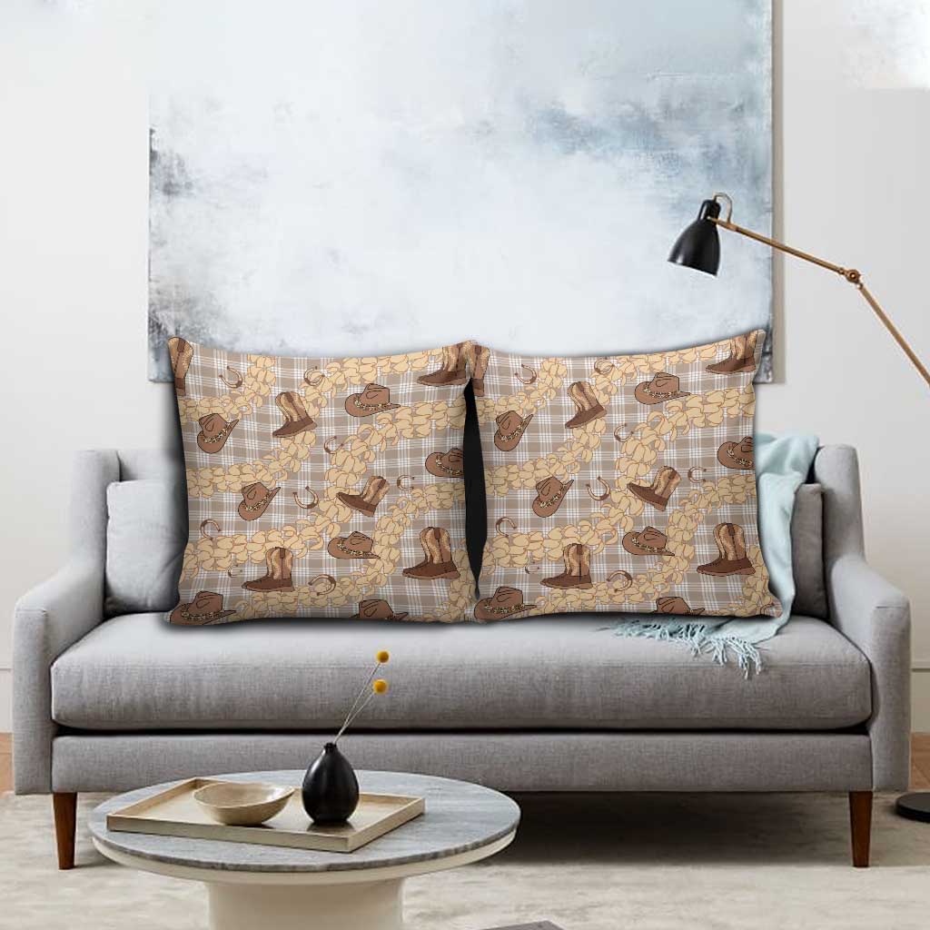 Khaki Palaka Hawaii Cowboy Pillow Cover Puakenikeni Lei Paniolo Papale Seamless Vibes - Polynesian Pride