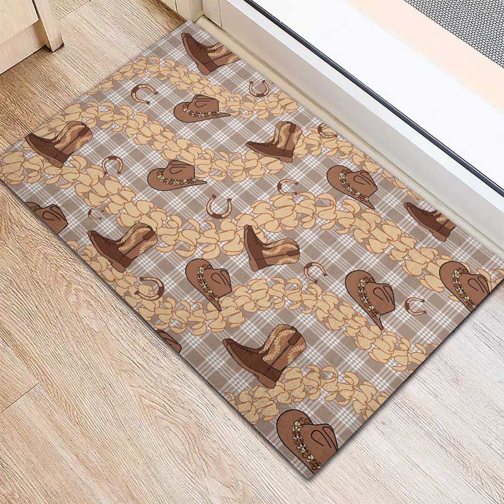 Khaki Palaka Hawaii Cowboy Rubber Doormat Puakenikeni Lei Paniolo Papale Seamless Vibes - Polynesian Pride