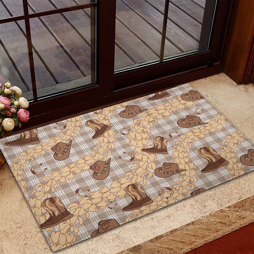 Khaki Palaka Hawaii Cowboy Rubber Doormat Puakenikeni Lei Paniolo Papale Seamless Vibes - Polynesian Pride